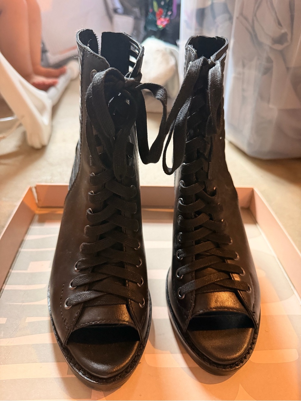 BCBGeneration Black Lace-Up Peep Toe Ankle Boots